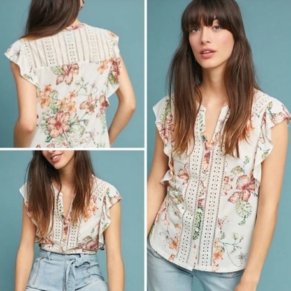 Anthropologie Maeve Flutter Sleeve Floral Lace Eyelet Button Down Top Size Small - Picture 2 of 15